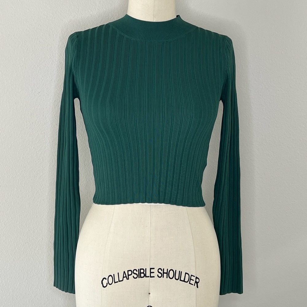 GUESS Caren Dark Green Ribbed Mock Neck Top, XS